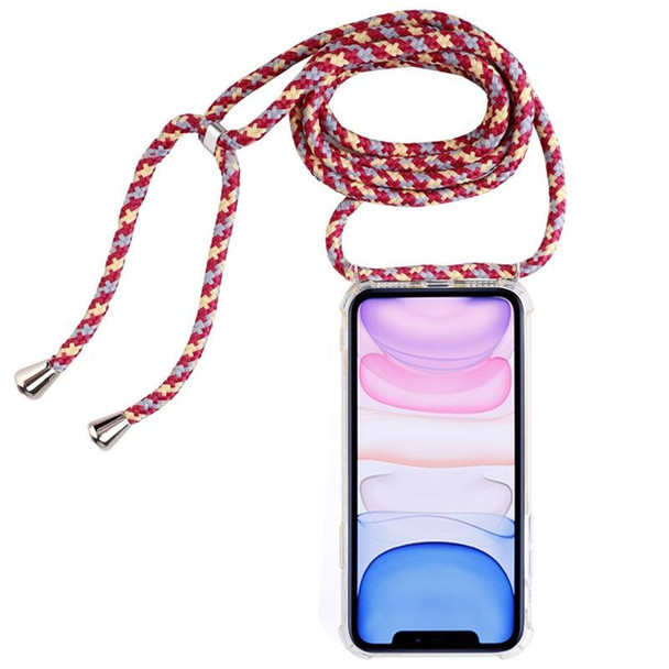 Four-Corner Anti-Fall Transparent TPU Mobile Phone Case With Lanyard for iPhone 11(Red Apricot Grey)