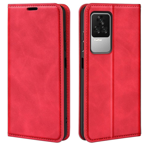 Fo  Xiaomi Redmi K50 Retro-skin Magnetic Suction Leatherette Phone Case(Red)