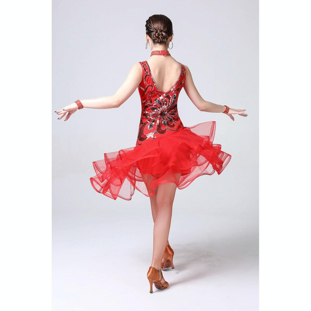 5 in 1 Sleeveless Latin Dance Dress + Collar + Separate Bottoms + Bracelets Set (Color:Red Size:L)