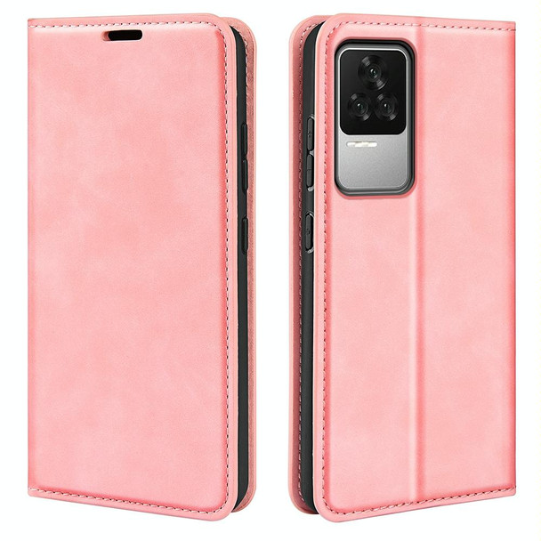 Fo  Xiaomi Redmi K50 Retro-skin Magnetic Suction Leatherette Phone Case(Pink)