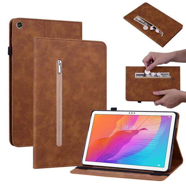 Huawei MatePad T 10s/Enjoy Tablet 2 Skin Feel Solid Color Zipper Leather Tablet Case(Brown)