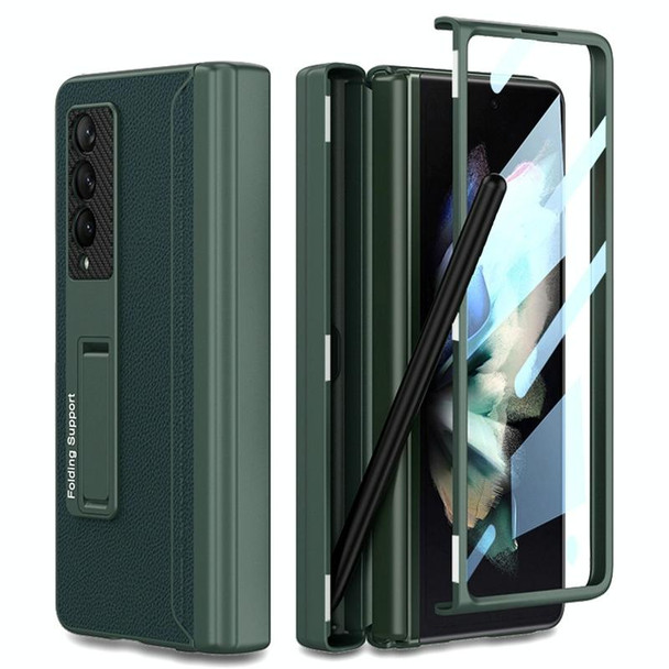 Samsung Galaxy Z Fold3 5G GKK Magnetic Hinge Plain Leather Phone Flip Case with Pen Box(Dark Night Green)