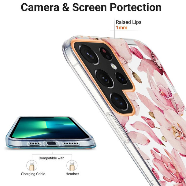 Samsung Galaxy S22 Ultra 5G Ring IMD Flowers TPU Phone Case(Pink Gardenia)