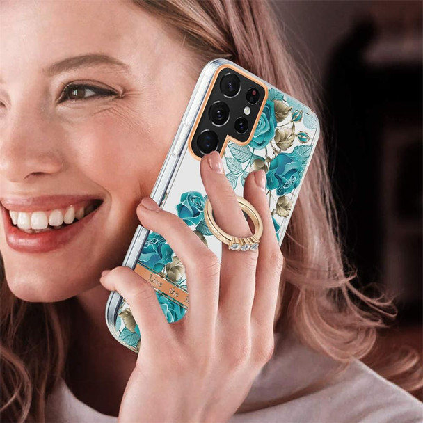 Samsung Galaxy S22 Ultra 5G Ring IMD Flowers TPU Phone Case(Blue Rose)