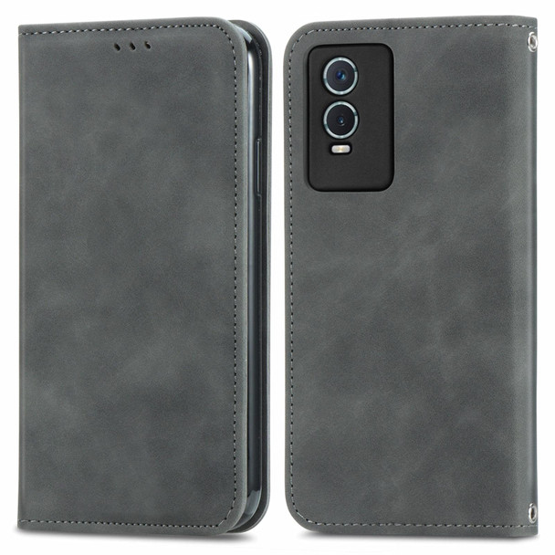 vivo Y76s Retro Skin Feel Magnetic Flip Leather Case(Grey)