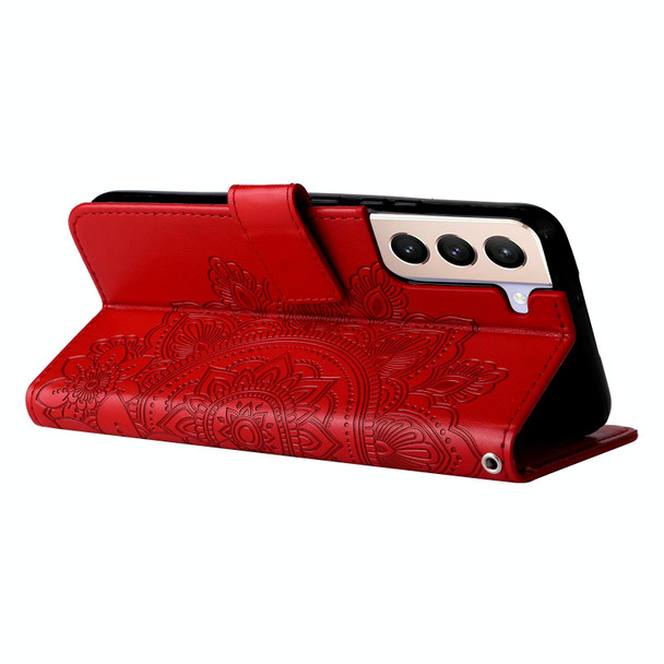 Samsung Galaxy S22+ 5G 7-petal Flowers Embossed Flip Leather Phone Case with Holder & Card Slots(Red)