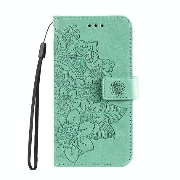 Samsung Galaxy S22+ 5G 7-petal Flowers Embossed Flip Leather Phone Case with Holder & Card Slots(Green)