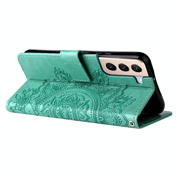 Samsung Galaxy S22+ 5G 7-petal Flowers Embossed Flip Leather Phone Case with Holder & Card Slots(Green)