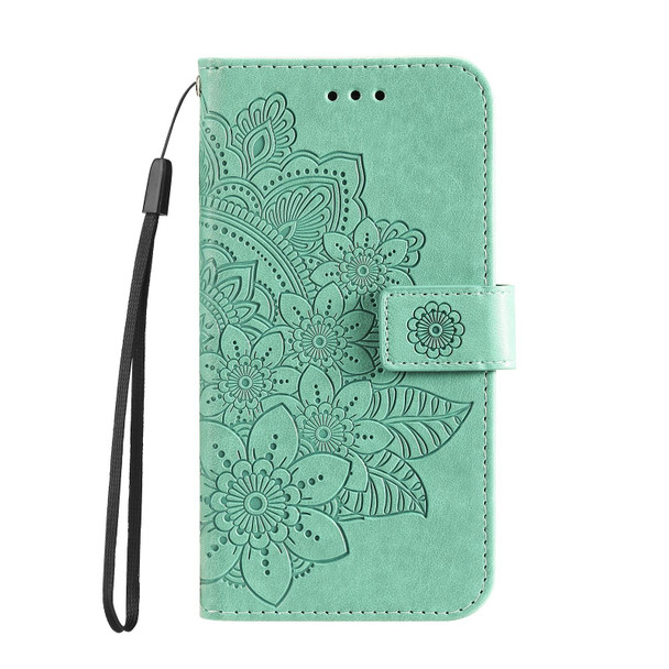 Samsung Galaxy S22 5G 7-petal Flowers Embossed Flip Leather Phone Case with Holder & Card Slots(Green)