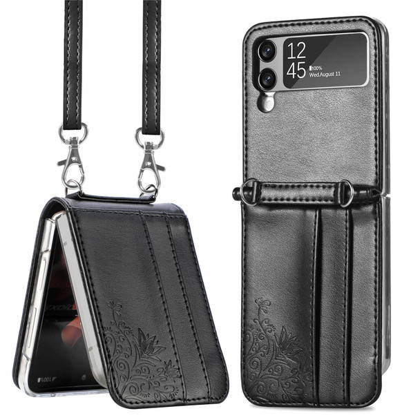 Samsung Galaxy Z Flip 3 5G Diagonal Lanyard Embossed Card Phone Case(Black)