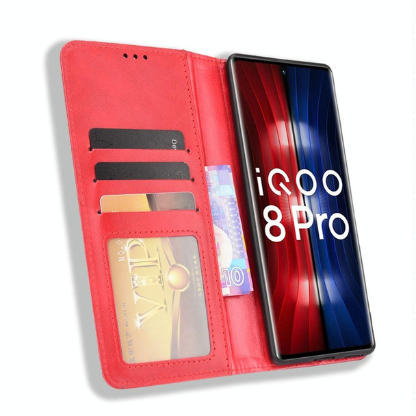 vivo iQOO 8 Pro Magnetic Buckle Retro Crazy Horse Texture Horizontal Flip Phone Leather Case with Holder & Card Slots & Photo Frame(Red)
