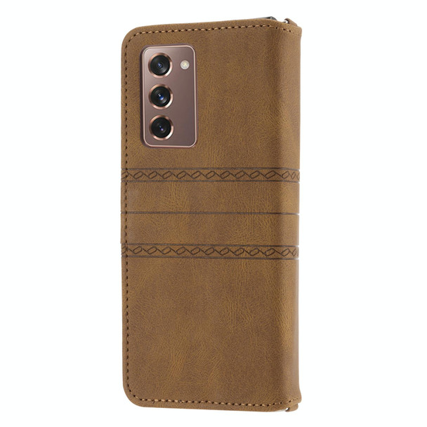 Samsung Galaxy Z Fold2 5G Embossed Striped Magnetic Buckle PU + TPU Horizontal Flip Phone Leather Case(Brown)