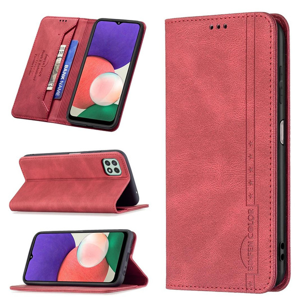 Samsung Galaxy A22 5G Magnetic RFID Blocking Anti-Theft Leather Case with Holder & Card Slots & Wallet(Red)