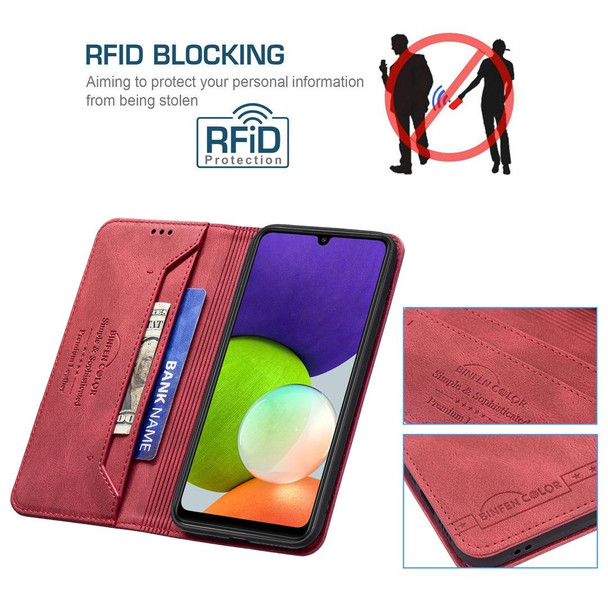 Samsung Galaxy A22 4G Magnetic RFID Blocking Anti-Theft Leather Case with Holder & Card Slots & Wallet(Red)