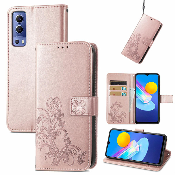 vivo Y72 5G Four-leaf Clasp Embossed Leather Case with Lanyard & Card Slot & Wallet & Holder(Rose Gold)