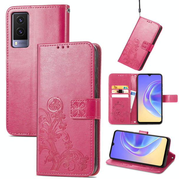 vivo V21e 5G Four-leaf Clasp Embossed Leather Case with Lanyard & Card Slot & Wallet & Holder(Rose Red)