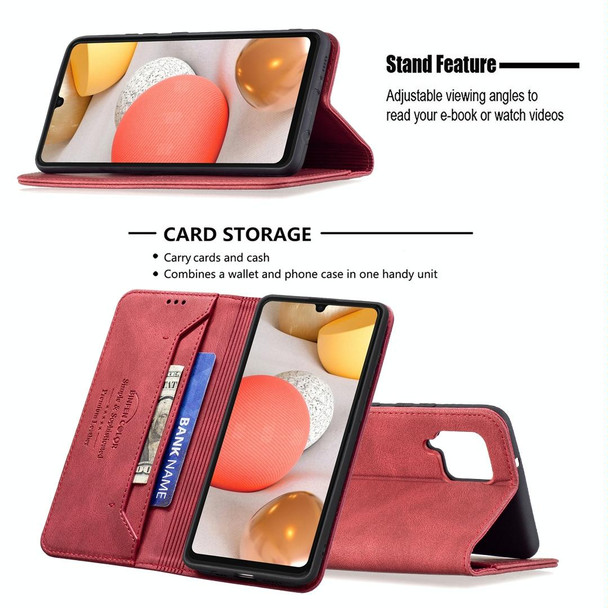 Samsung Galaxy A42 Magnetic RFID Blocking Anti-Theft Leather Case with Holder & Card Slots & Wallet(Red)