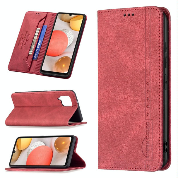 Samsung Galaxy A42 Magnetic RFID Blocking Anti-Theft Leather Case with Holder & Card Slots & Wallet(Red)