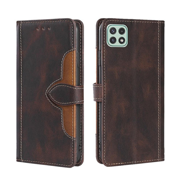 Samsung Galaxy A22 5G Skin Feel Straw Hat Magnetic Buckle Horizontal Flip PU Leather Case with Holder & Card Slots & Wallet(Brown)