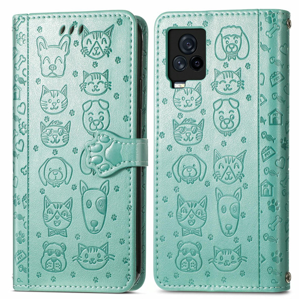Vivo iQOO 7 Lovely Cat and Dog Embossing Pattern Horizontal Flip Leather Case , with Holder & Card Slots & Wallet & Cartoon Clasp & Lanyard(Green)