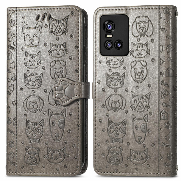 Vivo S10 Lovely Cat and Dog Embossing Pattern Horizontal Flip Leather Case , with Holder & Card Slots & Wallet & Cartoon Clasp & Lanyard(Grey)