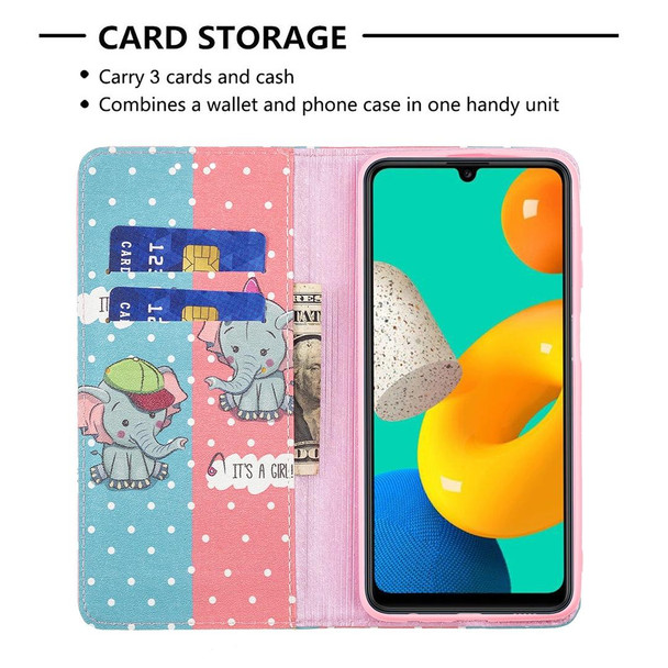 Samsung Galaxy M32 Colored Drawing Pattern Invisible Magnetic Horizontal Flip PU Leather Case with Holder & Card Slots & Wallet(Elephant)