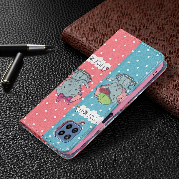 Samsung Galaxy M32 Colored Drawing Pattern Invisible Magnetic Horizontal Flip PU Leather Case with Holder & Card Slots & Wallet(Elephant)