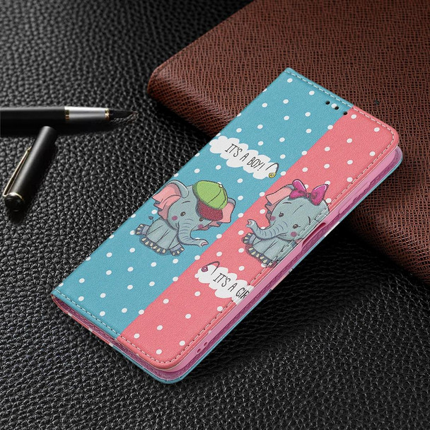 Samsung Galaxy M32 Colored Drawing Pattern Invisible Magnetic Horizontal Flip PU Leather Case with Holder & Card Slots & Wallet(Elephant)