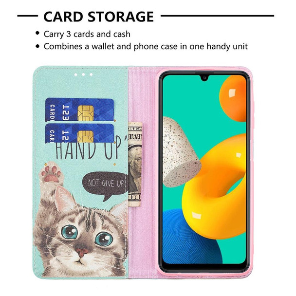 Samsung Galaxy M32 Colored Drawing Pattern Invisible Magnetic Horizontal Flip PU Leather Case with Holder & Card Slots & Wallet(Cat)