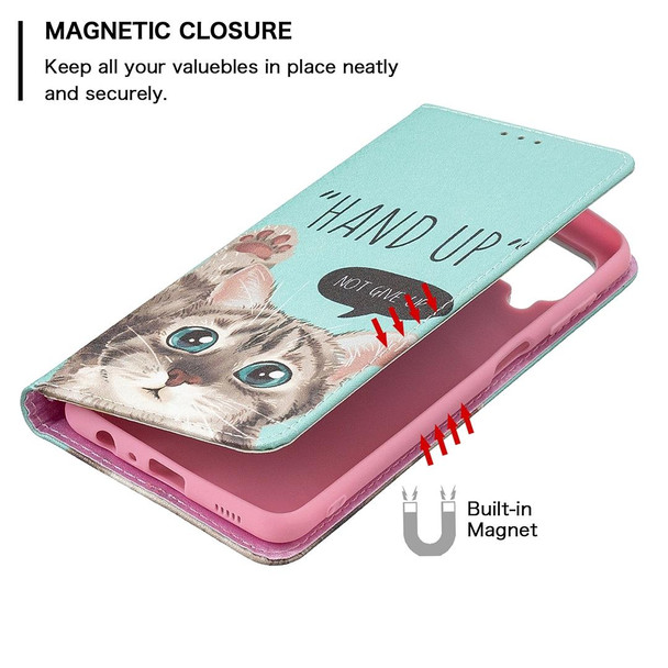 Samsung Galaxy M32 Colored Drawing Pattern Invisible Magnetic Horizontal Flip PU Leather Case with Holder & Card Slots & Wallet(Cat)