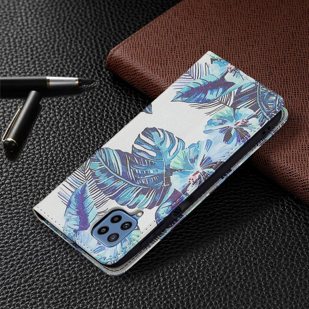 Samsung Galaxy M32 Colored Drawing Pattern Invisible Magnetic Horizontal Flip PU Leather Case with Holder & Card Slots & Wallet(Blue Leaf)