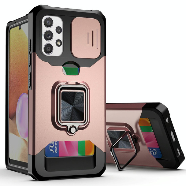 Samsung Galaxy A32 4G Sliding Camera Cover Design PC + TPU Shockproof Case with Ring Holder & Card Slot(Rose Gold)