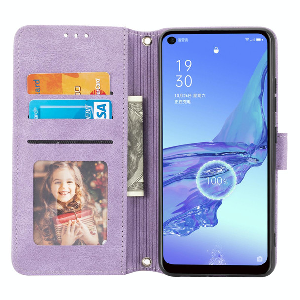 Samsung Galaxy A32 4G Embossed Striped Magnetic Buckle PU + TPU Horizontal Flip Leather Case with Holder & Card Slot & Wallet & Photo Frame & Sling(Purple)