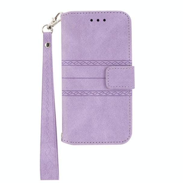 Samsung Galaxy A32 4G Embossed Striped Magnetic Buckle PU + TPU Horizontal Flip Leather Case with Holder & Card Slot & Wallet & Photo Frame & Sling(Purple)