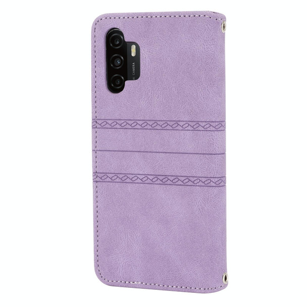 Samsung Galaxy A32 4G Embossed Striped Magnetic Buckle PU + TPU Horizontal Flip Leather Case with Holder & Card Slot & Wallet & Photo Frame & Sling(Purple)