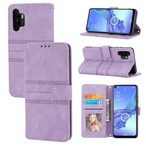 Samsung Galaxy A32 4G Embossed Striped Magnetic Buckle PU + TPU Horizontal Flip Leather Case with Holder & Card Slot & Wallet & Photo Frame & Sling(Purple)