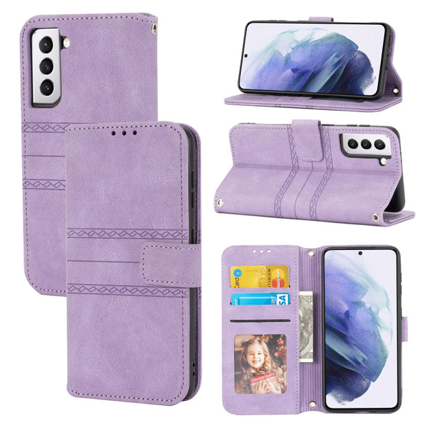 Samsung Galaxy S21 FE Embossed Striped Magnetic Buckle PU + TPU Horizontal Flip Leather Case with Holder & Card Slot & Wallet & Photo Frame & Sling(Purple)