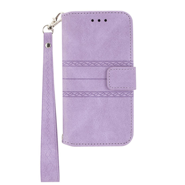 Samsung Galaxy S21 FE Embossed Striped Magnetic Buckle PU + TPU Horizontal Flip Leather Case with Holder & Card Slot & Wallet & Photo Frame & Sling(Purple)