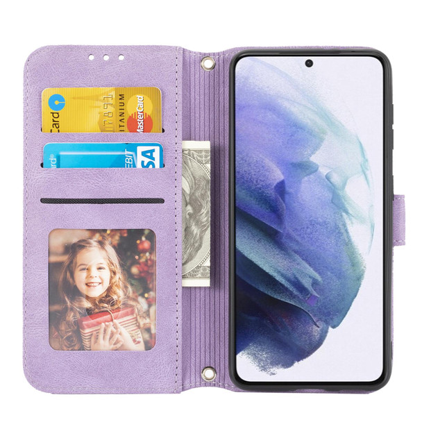 Samsung Galaxy S21 FE Embossed Striped Magnetic Buckle PU + TPU Horizontal Flip Leather Case with Holder & Card Slot & Wallet & Photo Frame & Sling(Purple)