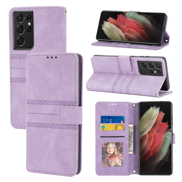 Samsung Galaxy S21 Ultra 5G Embossed Striped Magnetic Buckle PU + TPU Horizontal Flip Leather Case with Holder & Card Slot & Wallet & Photo Frame & Sling(Purple)