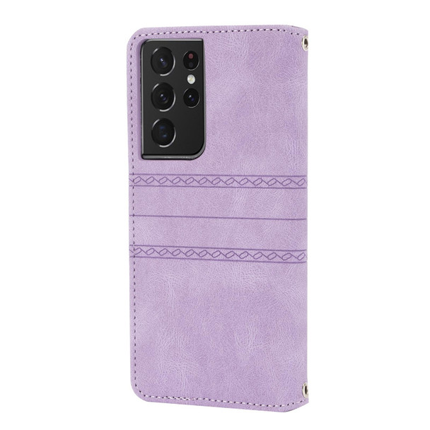 Samsung Galaxy S21 Ultra 5G Embossed Striped Magnetic Buckle PU + TPU Horizontal Flip Leather Case with Holder & Card Slot & Wallet & Photo Frame & Sling(Purple)