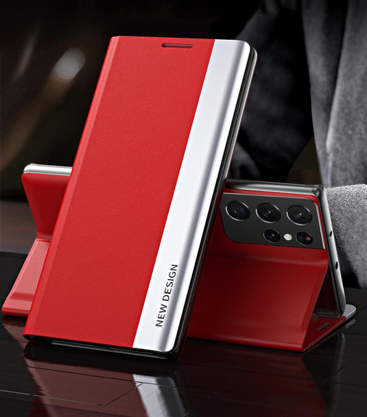 Samsung Galaxy S21 Ultra 5G Side Electroplated Magnetic Ultra-Thin Horizontal Flip Leather Case with Holder(Red)