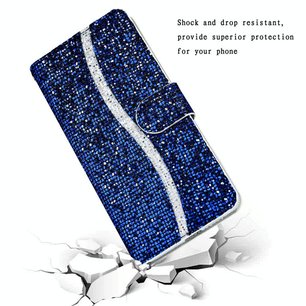 Samsung Galaxy A03s (EU Version) Glitter Powder Horizontal Flip Leather Case with Card Slots & Holder & Lanyard(Blue)