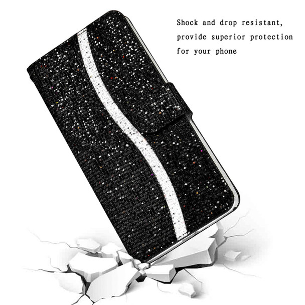 Samsung Galaxy A03s (EU Version) Glitter Powder Horizontal Flip Leather Case with Card Slots & Holder & Lanyard(Black)