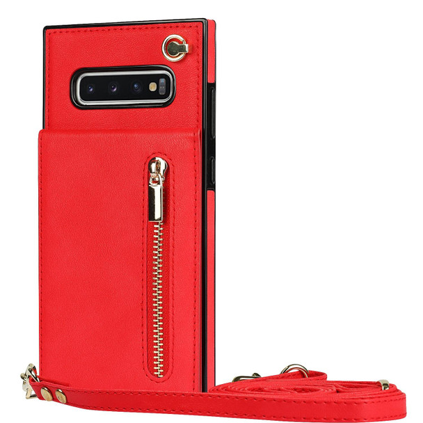 Samsung Galaxy S10 Cross-body Zipper Square TPU+PU Back Cover Case with Holder & Card Slots & Wallet & Strap(Red)