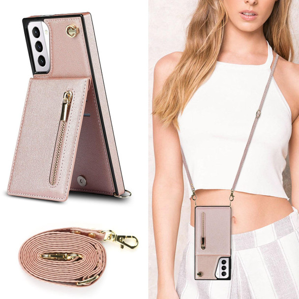 Samsung Galaxy S21+ 5G Cross-body Zipper Square TPU+PU Back Cover Case with Holder & Card Slots & Wallet & Strap(Rose Gold)