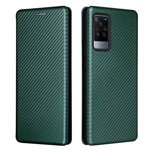vivo X60 Pro / X60 5G Carbon Fiber Texture Magnetic Horizontal Flip TPU + PC + PU Leather Case with Card Slot(Green)