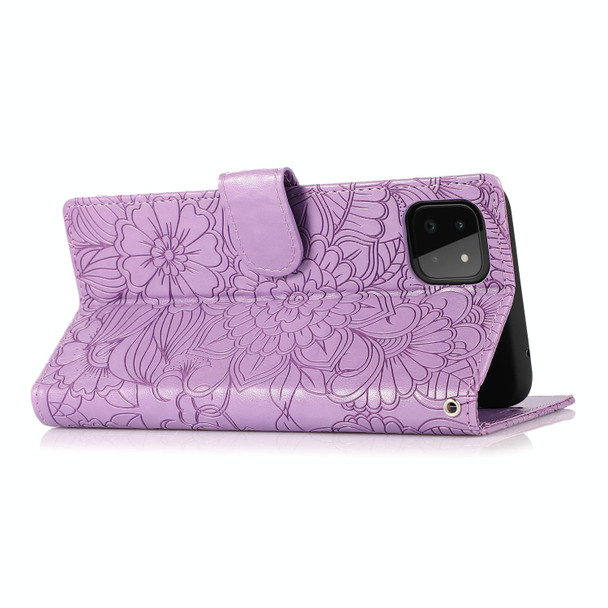 Samsung Galaxy A22 5G Skin Feel Embossed Sunflower Horizontal Flip Leather Case with Holder & Card Slots & Wallet & Lanyard(Purple)