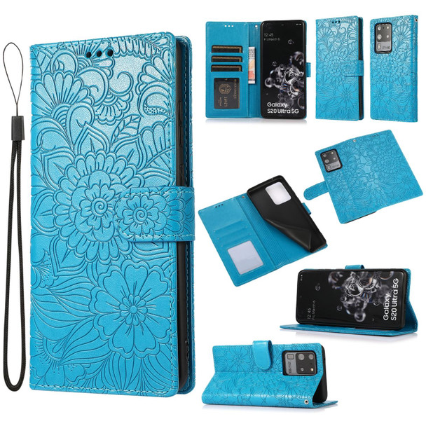 Samsung Galaxy S20 Ultra Skin Feel Embossed Sunflower Horizontal Flip Leather Case with Holder & Card Slots & Wallet & Lanyard(Blue)