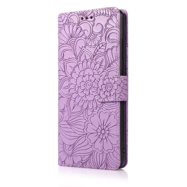 Samsung Galaxy Note20 Skin Feel Embossed Sunflower Horizontal Flip Leather Case with Holder & Card Slots & Wallet & Lanyard(Purple)